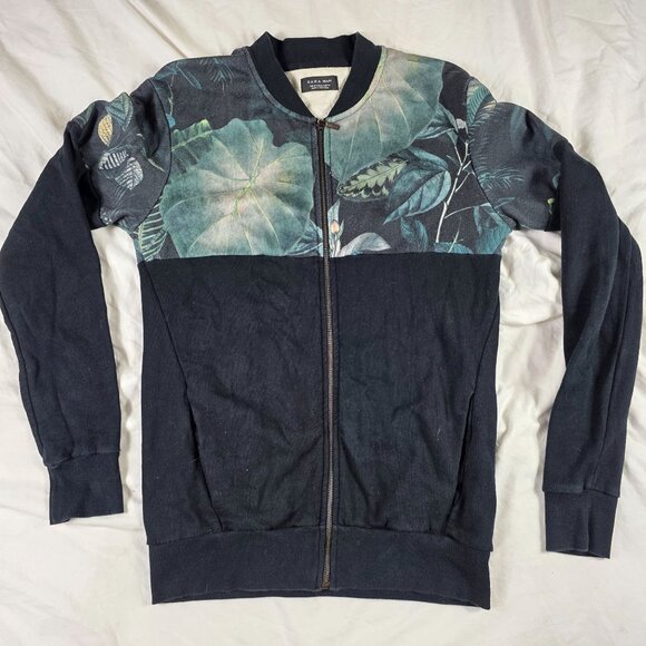 Zara Man Floral Bomber Jacket Mens M Black Green Zip Up Lightweight Causal - Picture 2 of 8